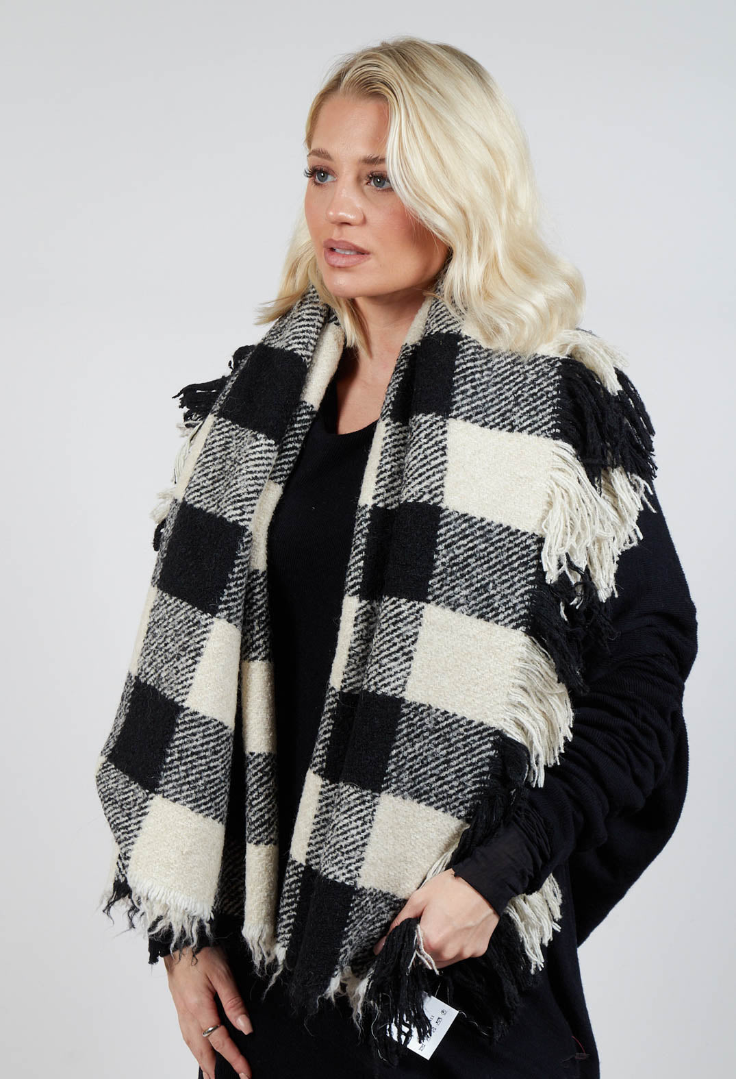 Fringe Scarf in Black Check