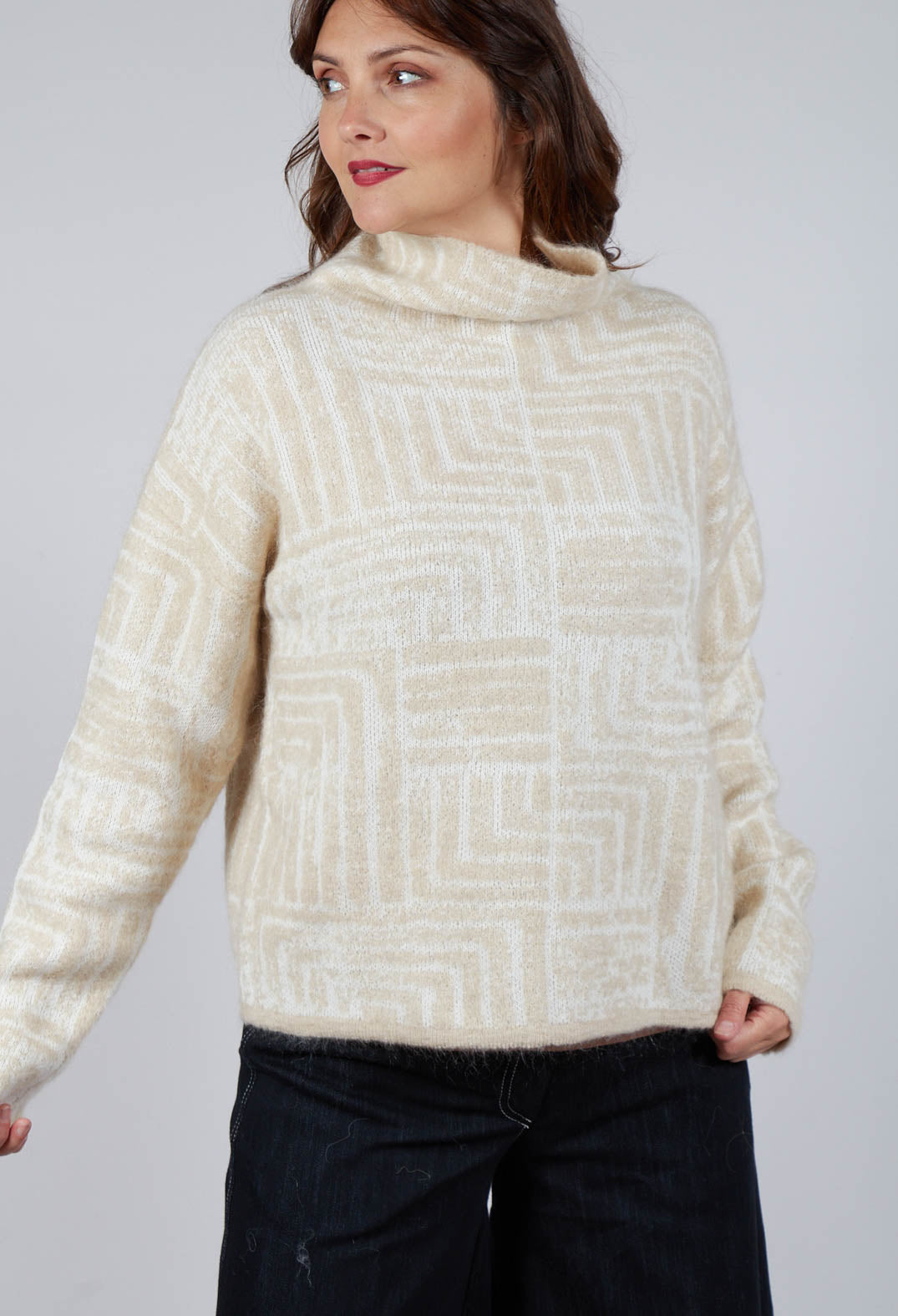 Geometric Fluffy Sweater in Beige