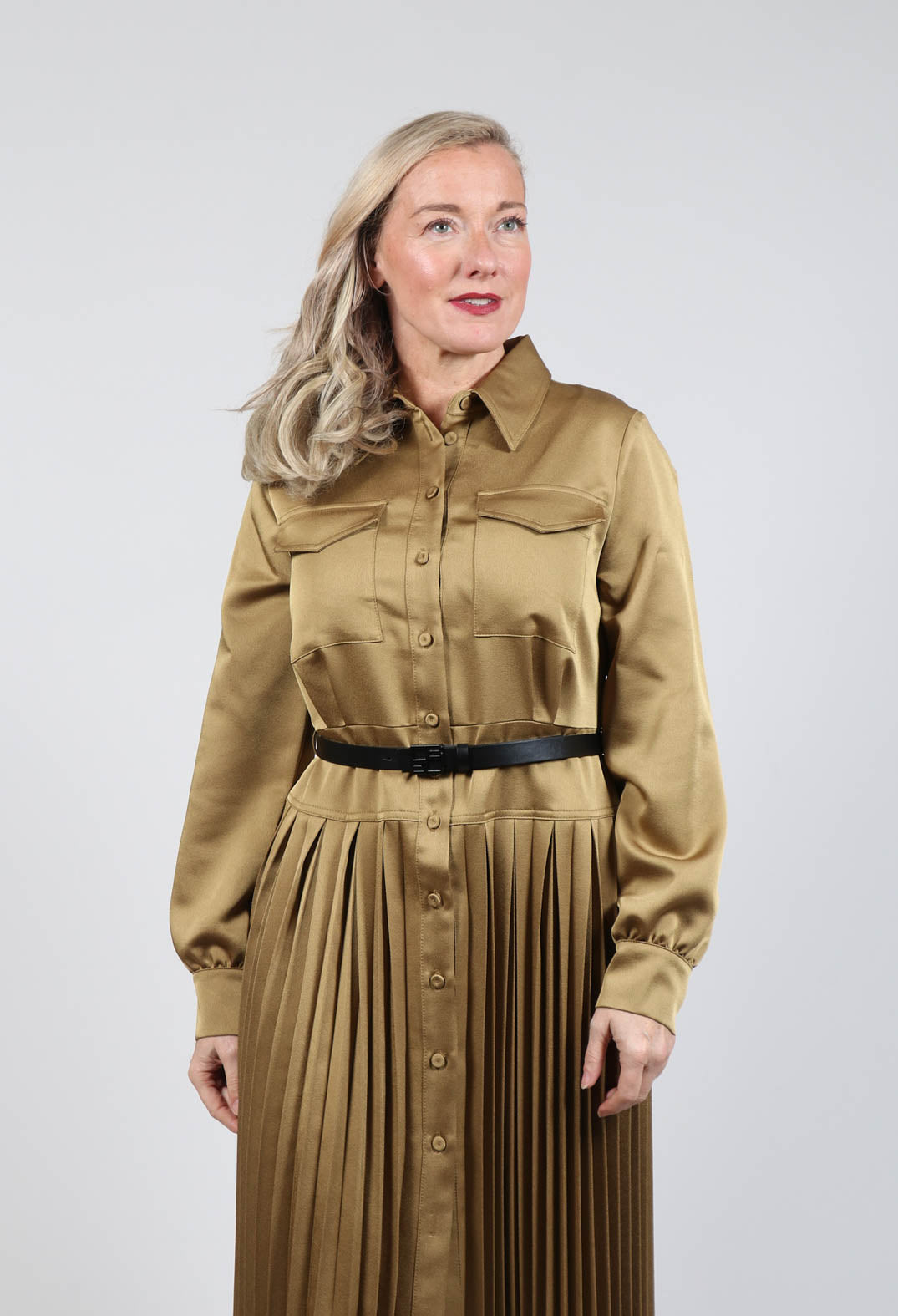 Gloss Satin Shirt Dress in Tobacco