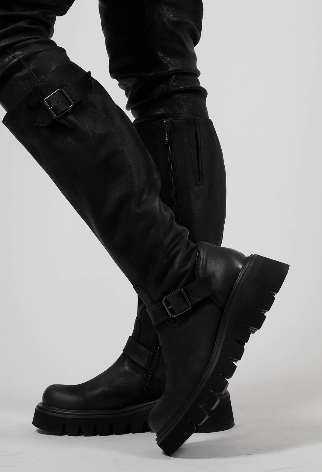 High Boots with Chunky Cleated Sole in Gasoline Nero