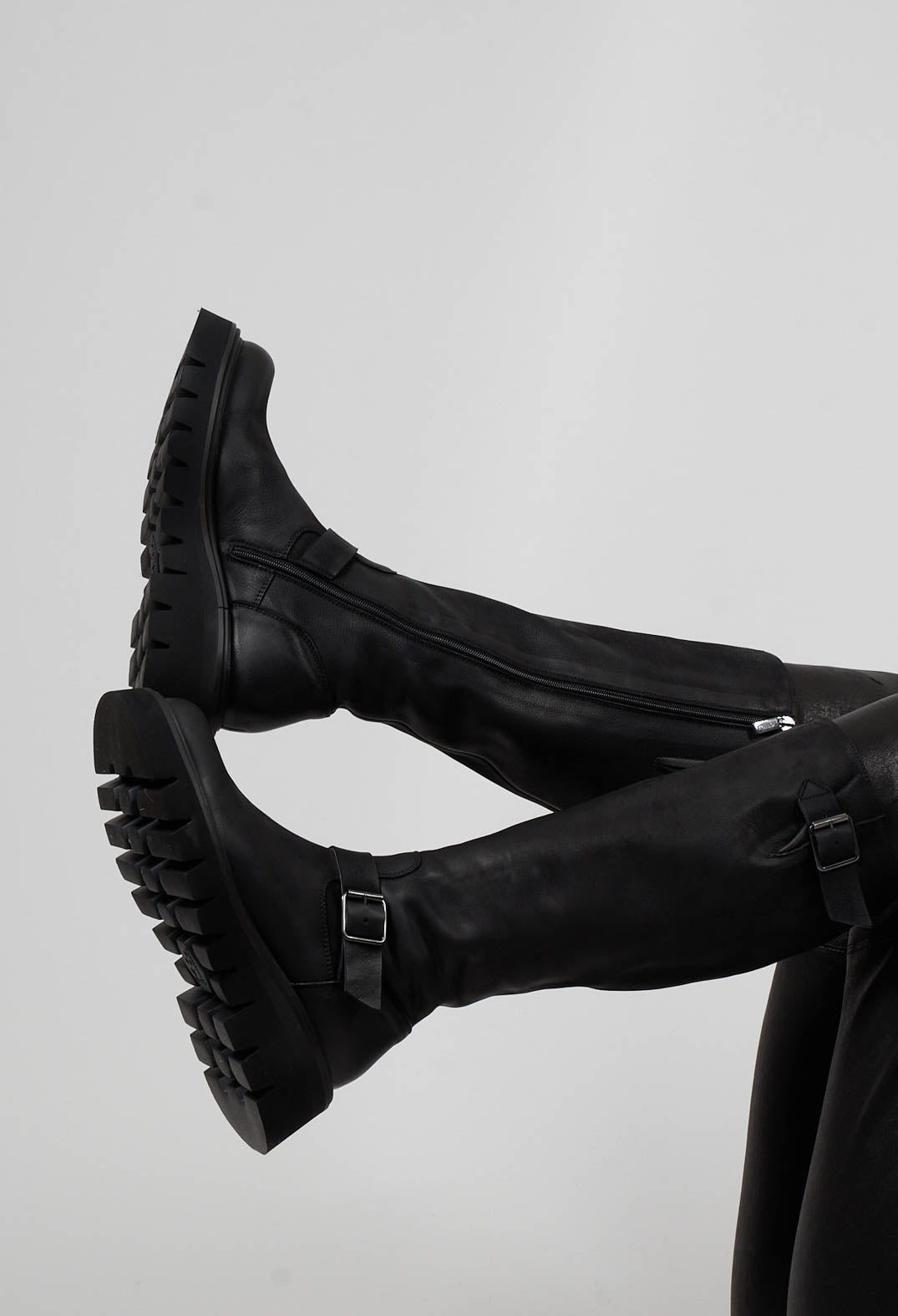 High Boots with Chunky Cleated Sole in Gasoline Nero