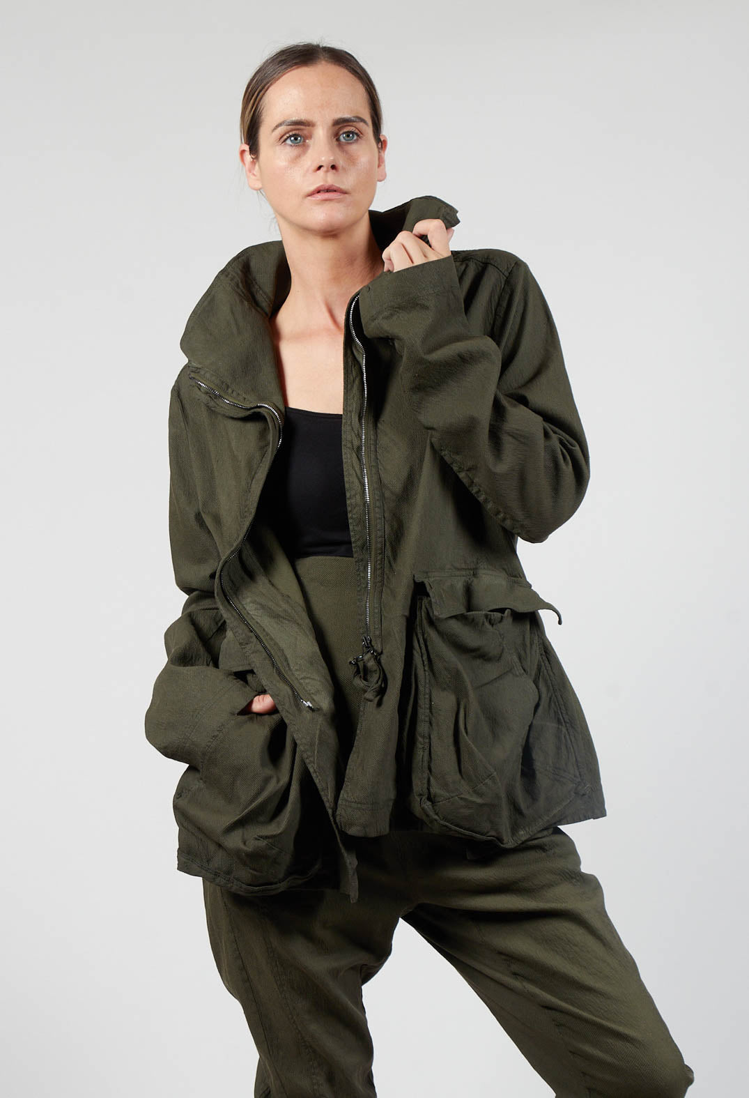 High Neck Balloon Jacket with Statement Pockets in Olive – Olivia May