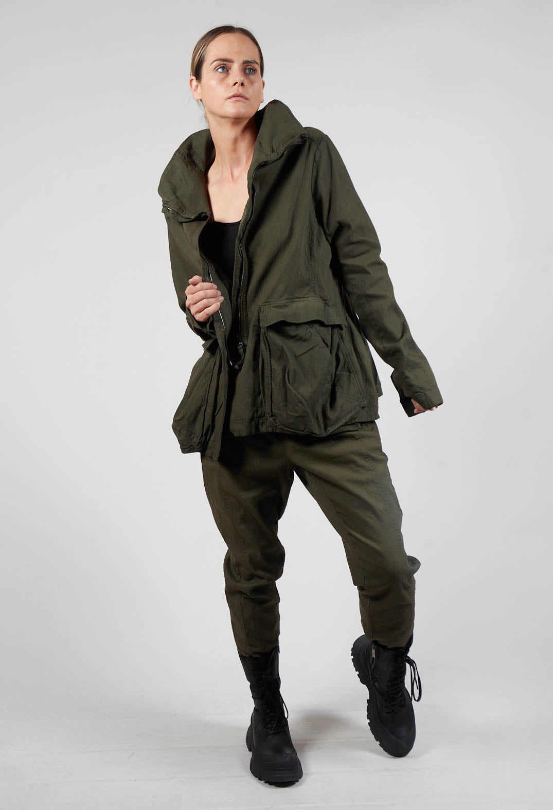 High Neck Balloon Jacket with Statement Pockets in Olive – Olivia May