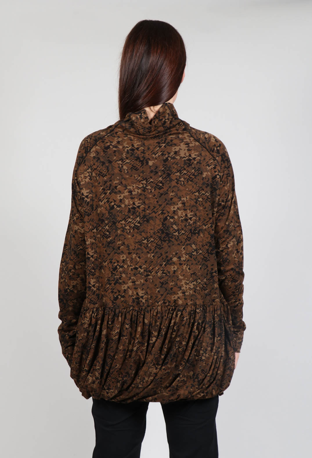 High Neck Top with Bubble Hem in Bronze Flock Print