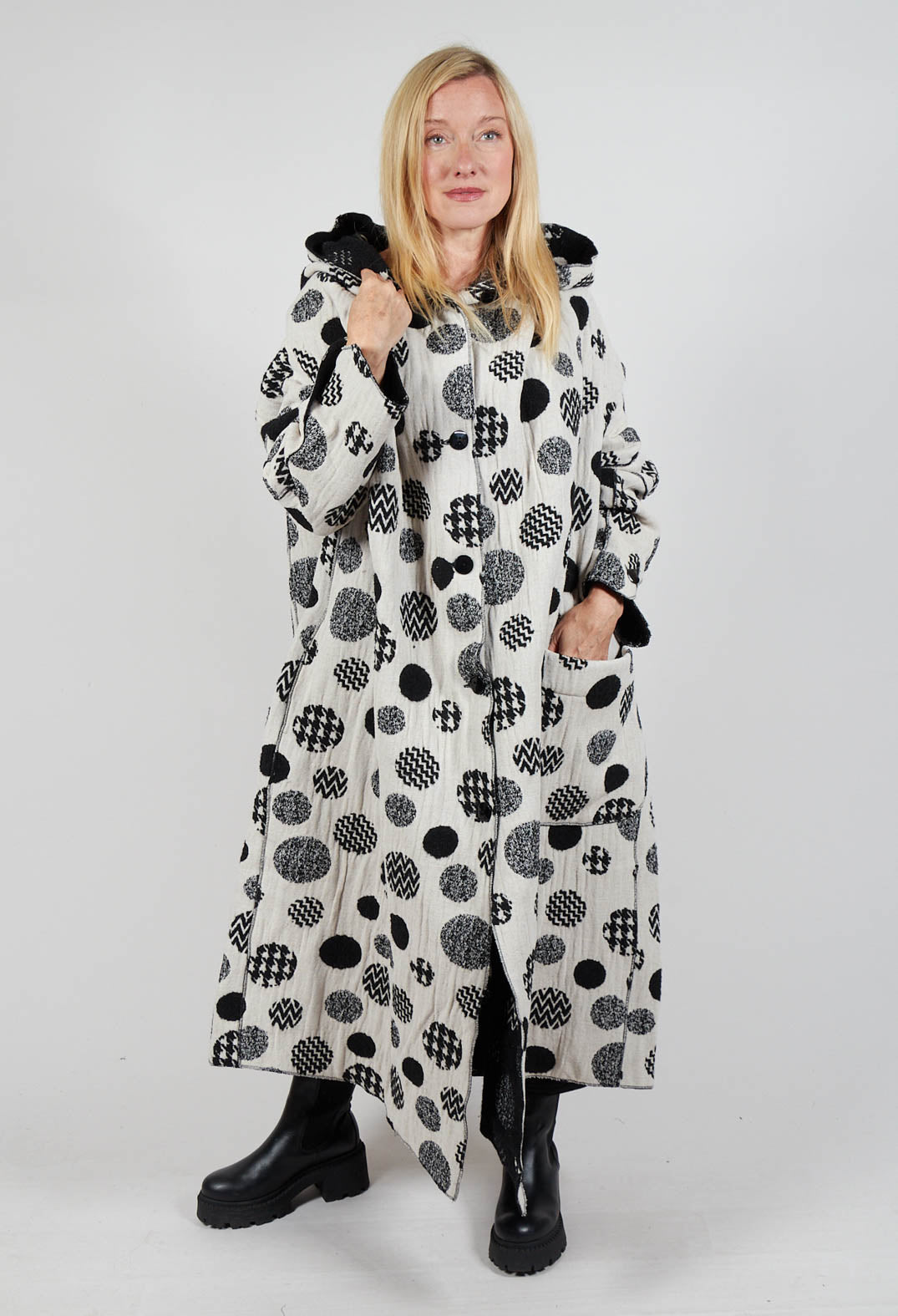 Hooded Oversized Fit Coat in White with Black Pois