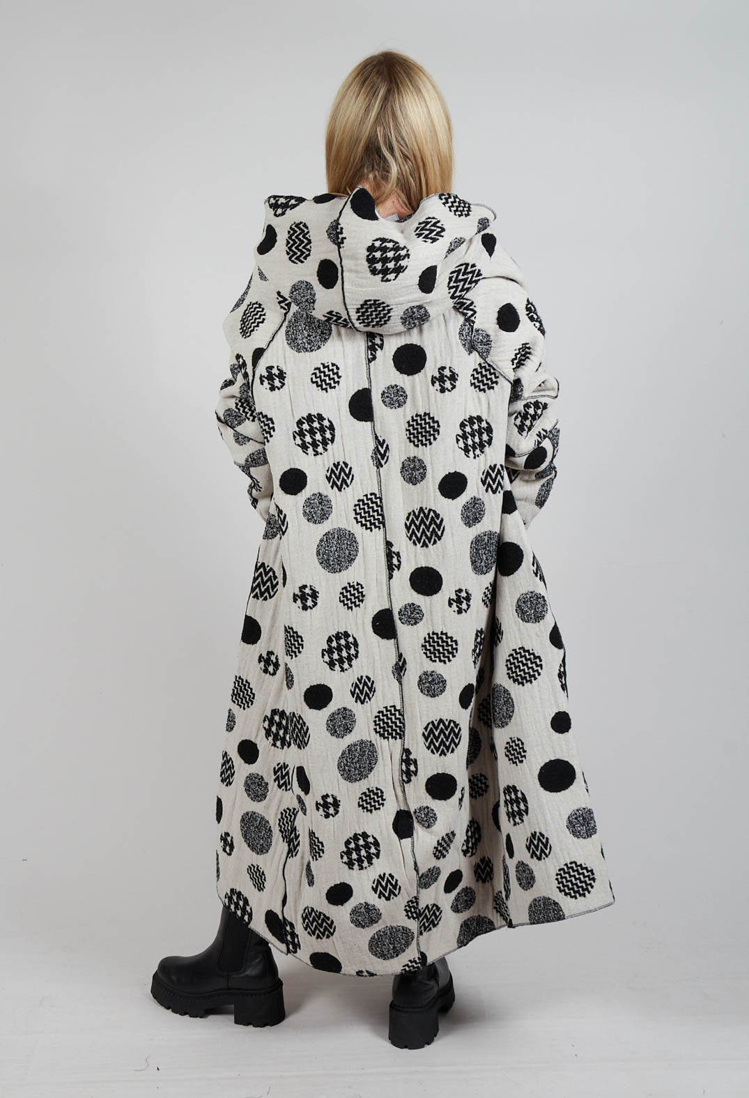 Hooded Oversized Fit Coat in White with Black Pois