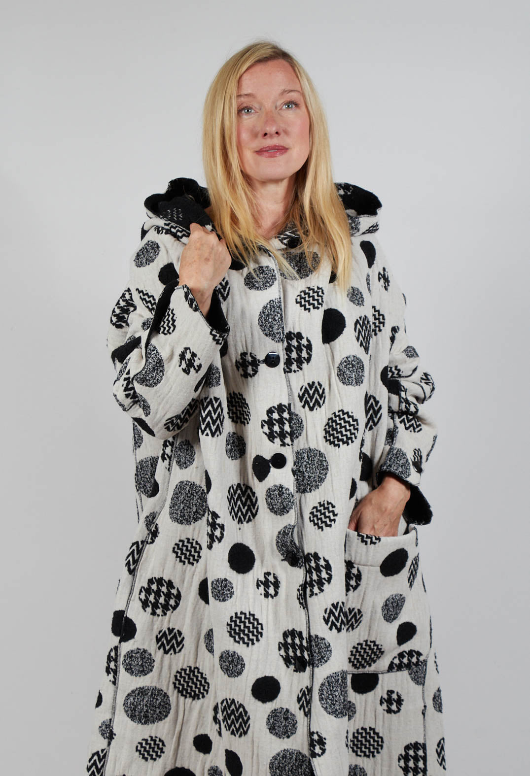 Hooded Oversized Fit Coat in White with Black Pois