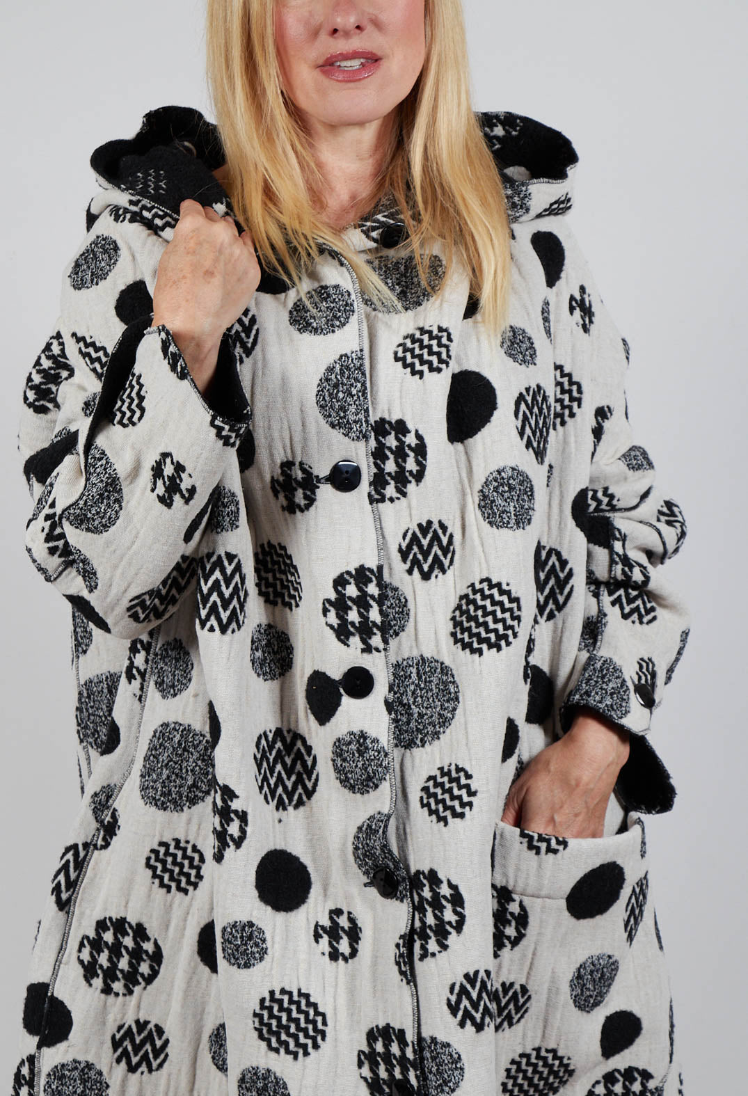 Hooded Oversized Fit Coat in White with Black Pois