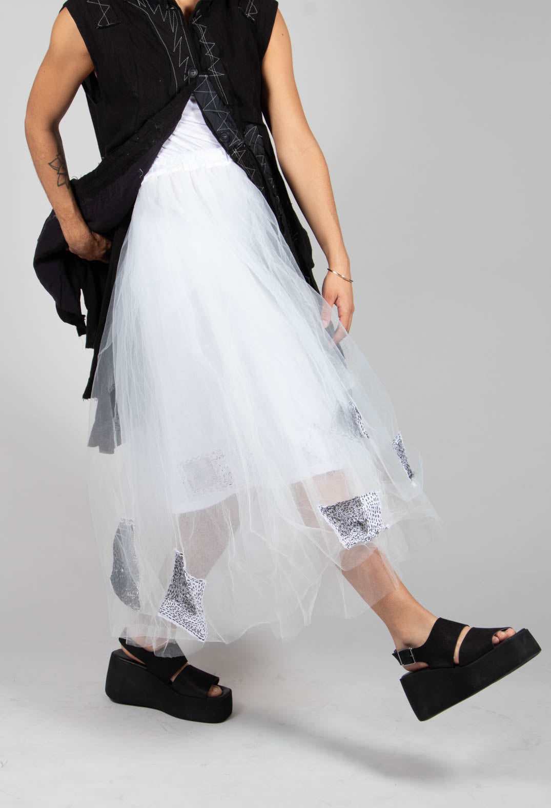 Patch Print Tulle Skirt in White