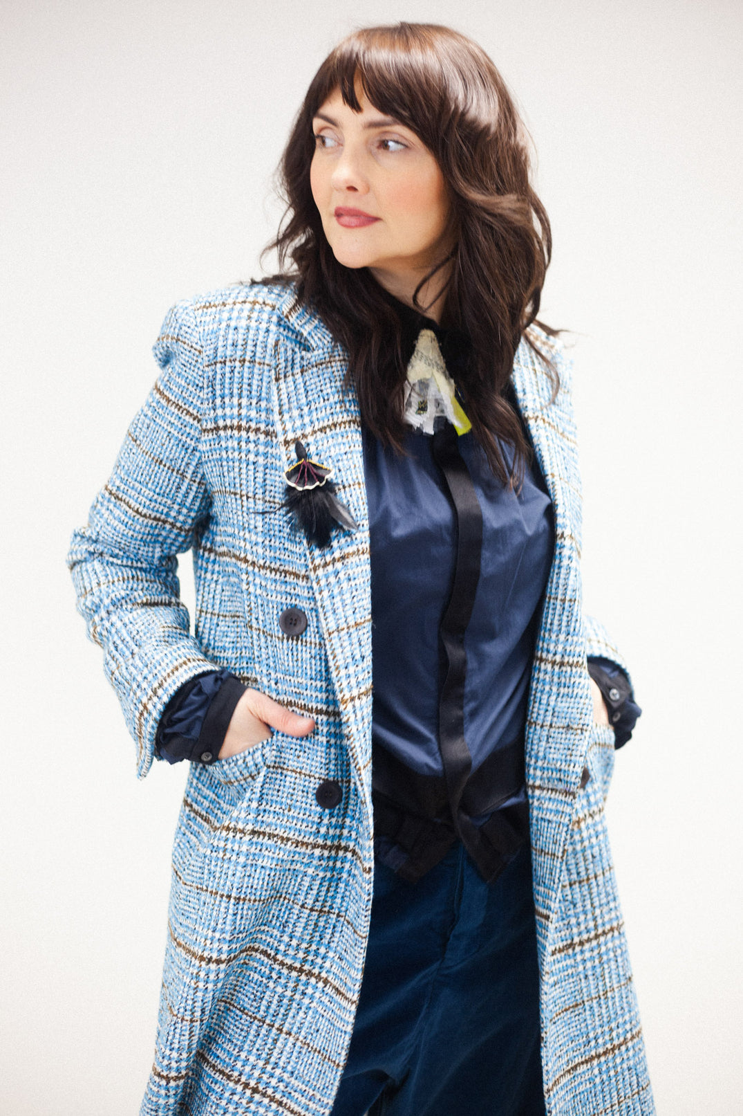 Checked Wool Coat in Light Blue