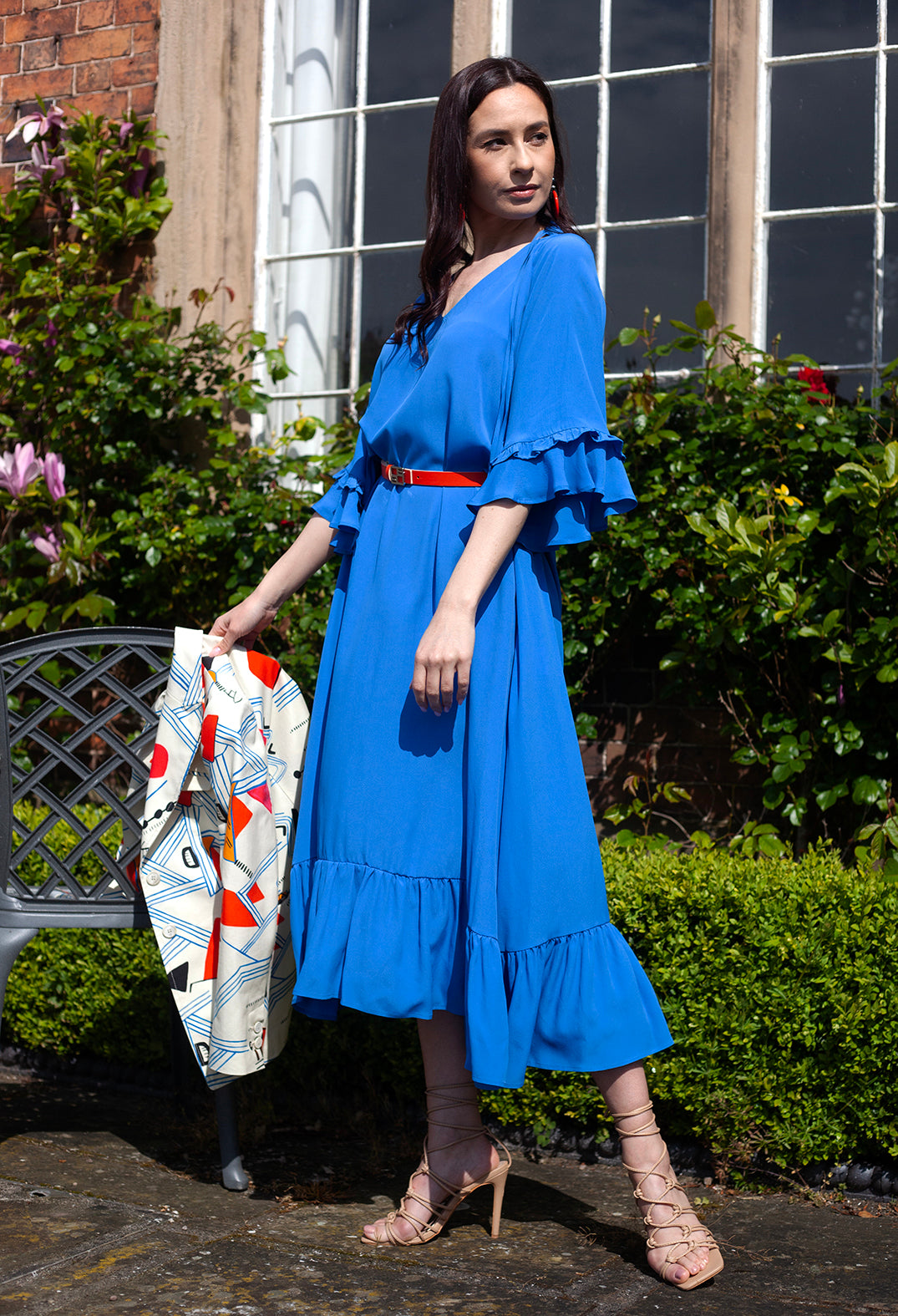 lady wearing blue dress with contrasting belt from Beatrice B