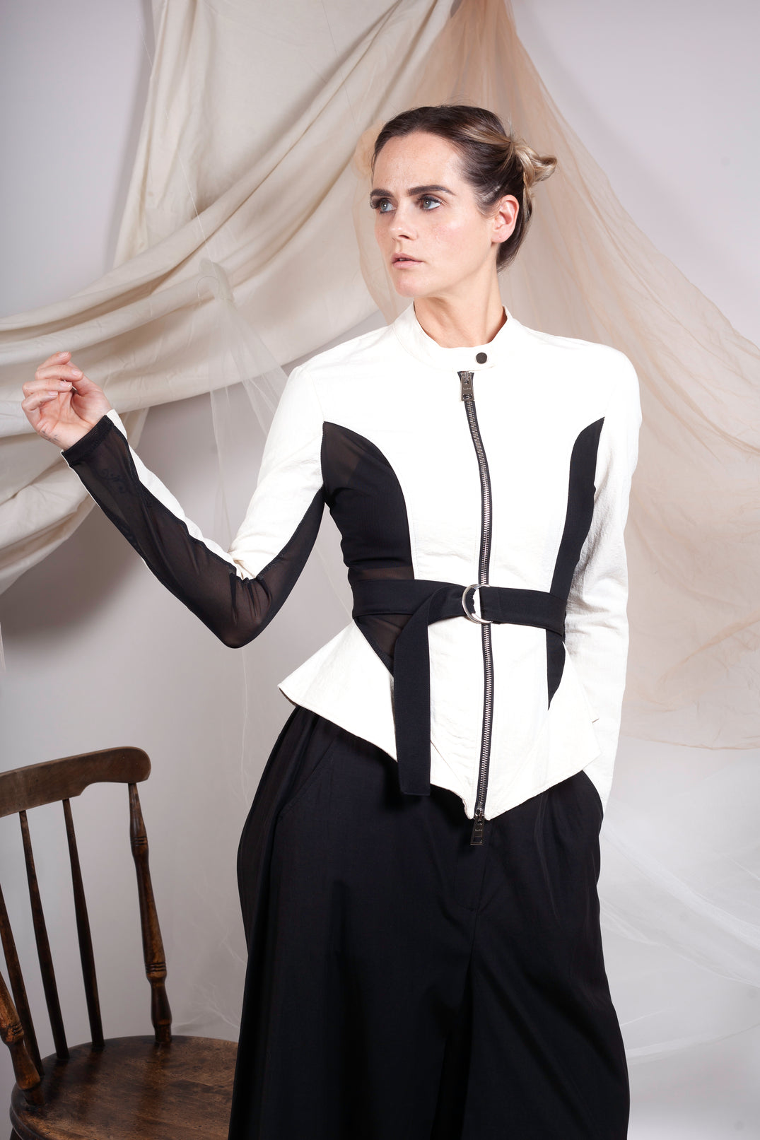 Mesh Panelled Jacket with Belt in Bianco