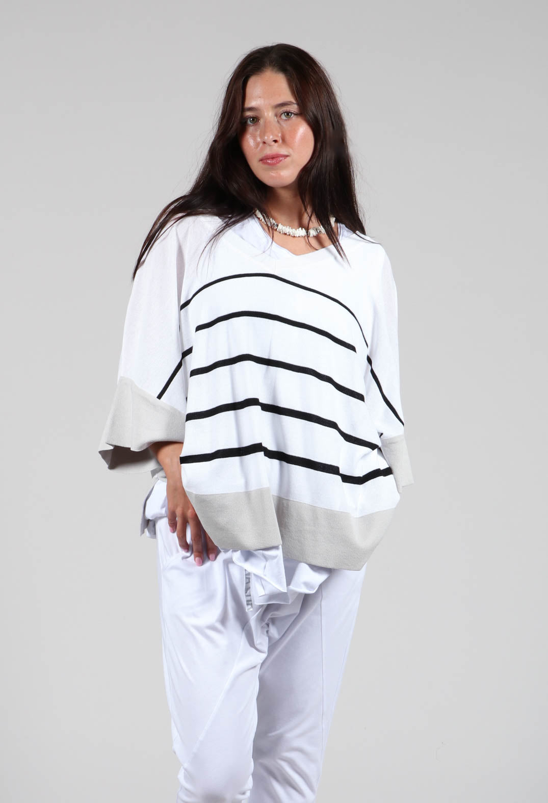 V Neck Jumper in White and Black Stripe