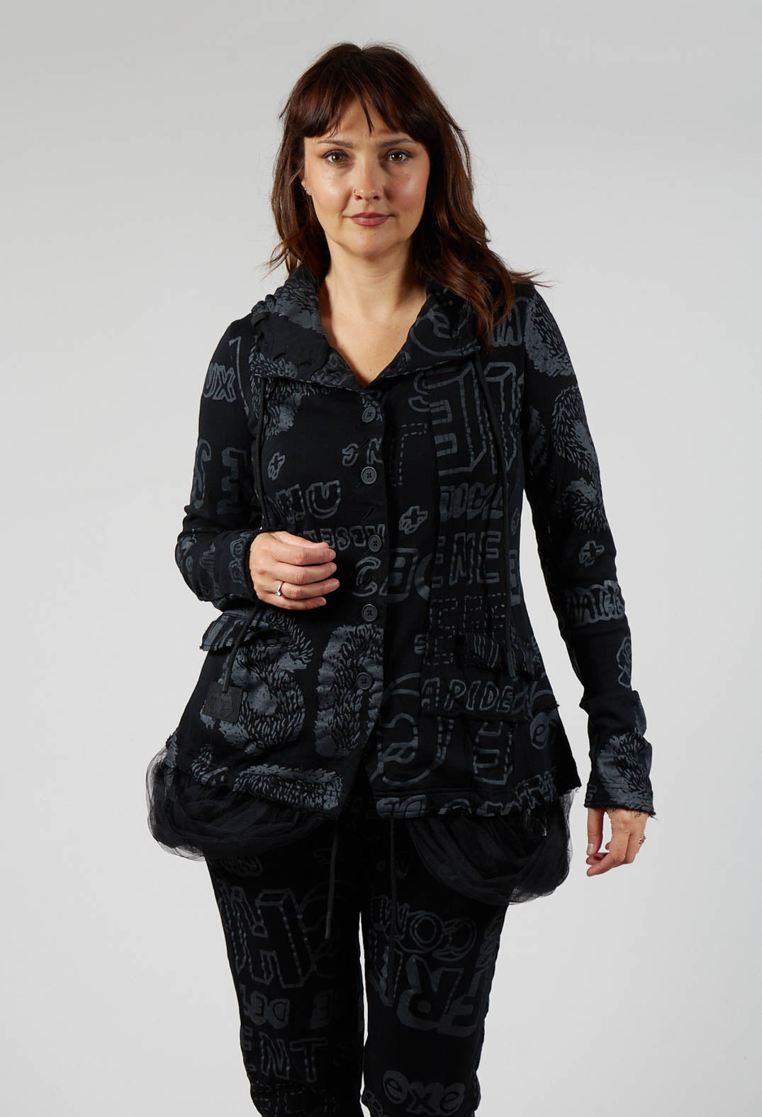 Jersey Jacket with Netted Hemline in Black Shiny Print