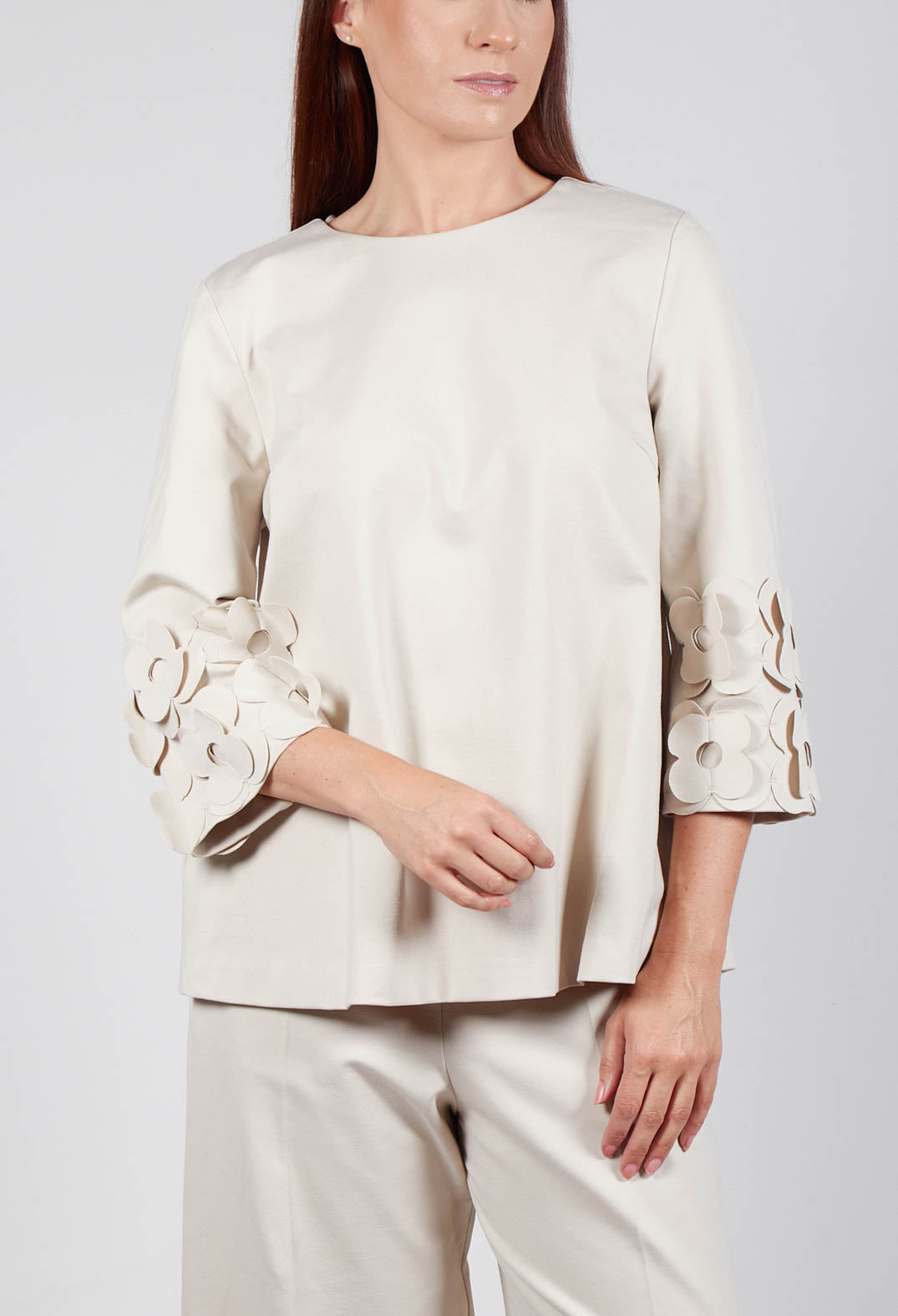 Jersey Top with Floral Embellishment in Sandshell