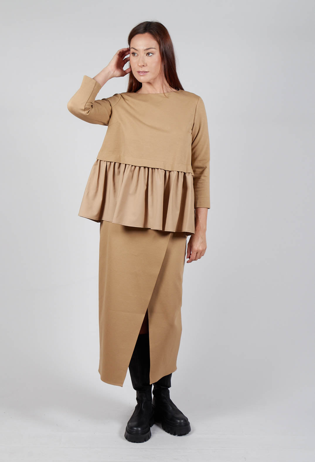 Jersey Top with Peplum Hem in Camel