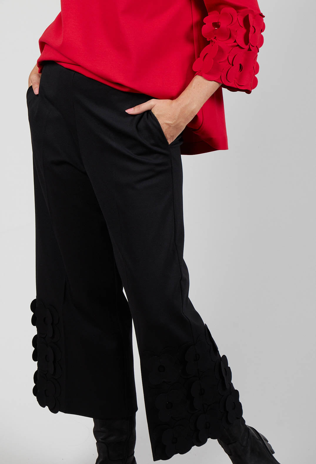 Jersey Trousers with Floral Embellishment in Nero