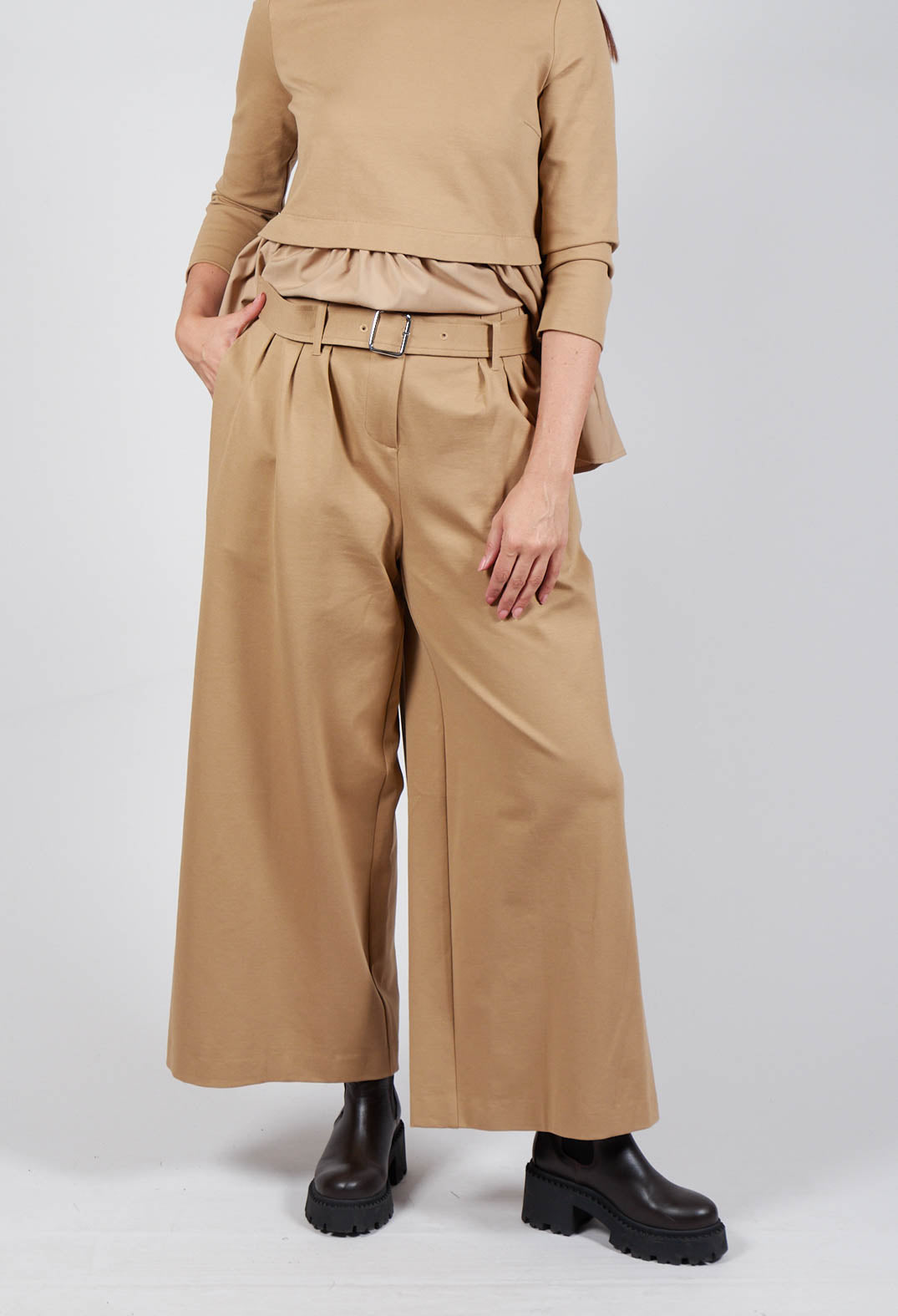 Jersey Wide Leg Trousers with Belt in Camel