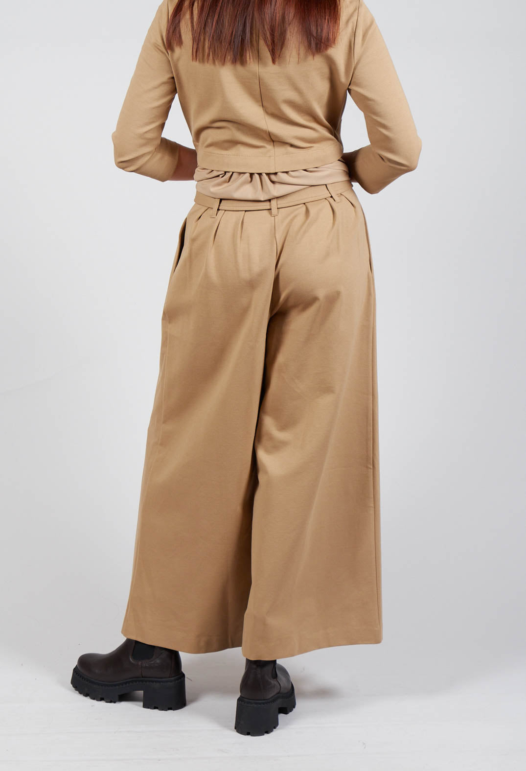 Jersey Wide Leg Trousers with Belt in Camel