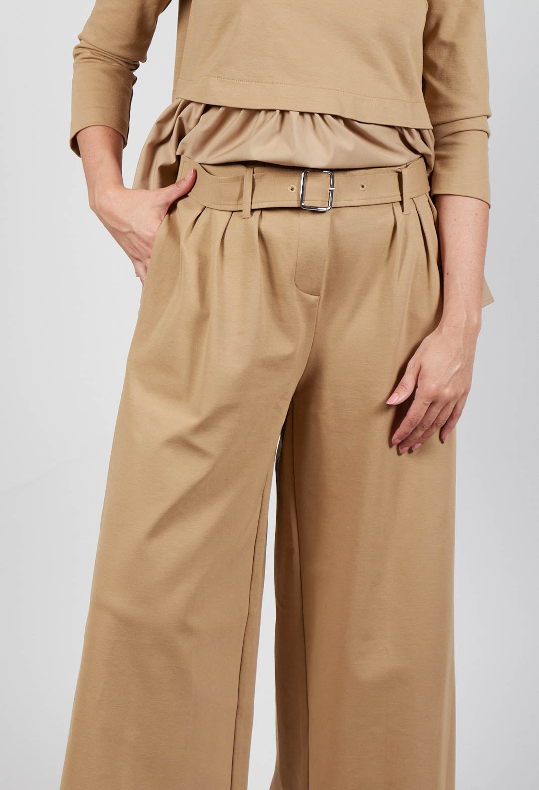 Jersey Wide Leg Trousers with Belt in Camel