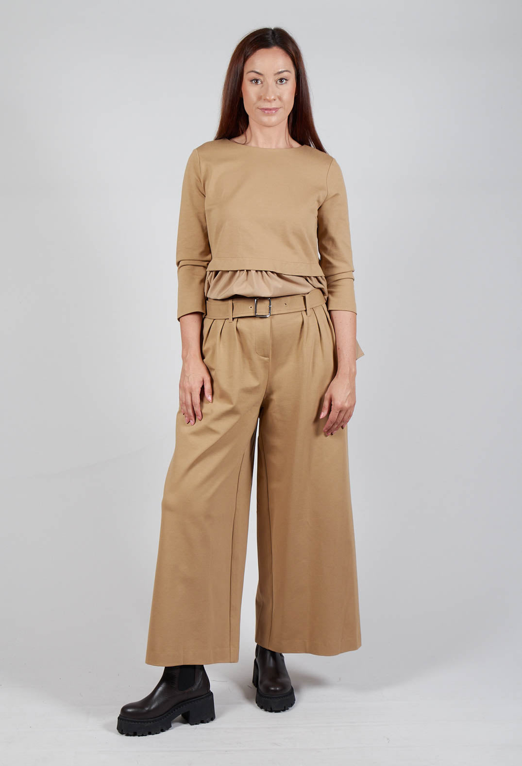 Jersey Wide Leg Trousers with Belt in Camel