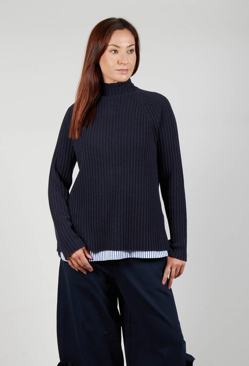 Jumper with Striped Underlay in Dark Navy and Off White