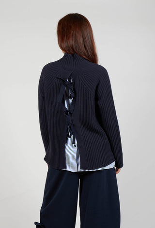 Jumper with Striped Underlay in Dark Navy and Off White