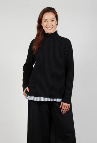 Jumper with Striped Underlay in Nero and Off White Antracite