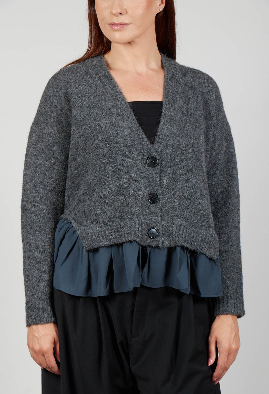 Knitted Cardigan with Frill Hem in Grey and Piomb