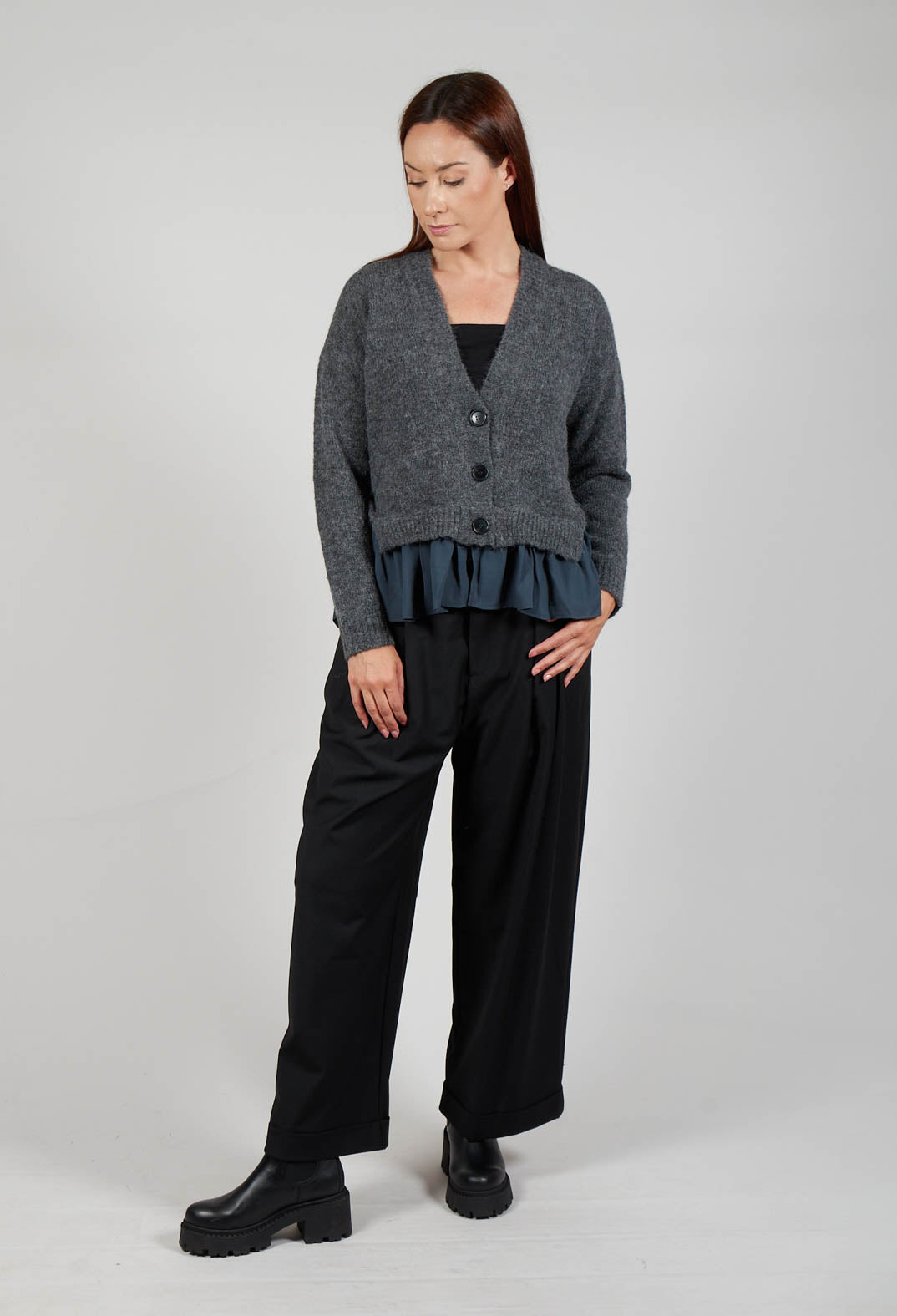 Knitted Cardigan with Frill Hem in Grey and Piomb