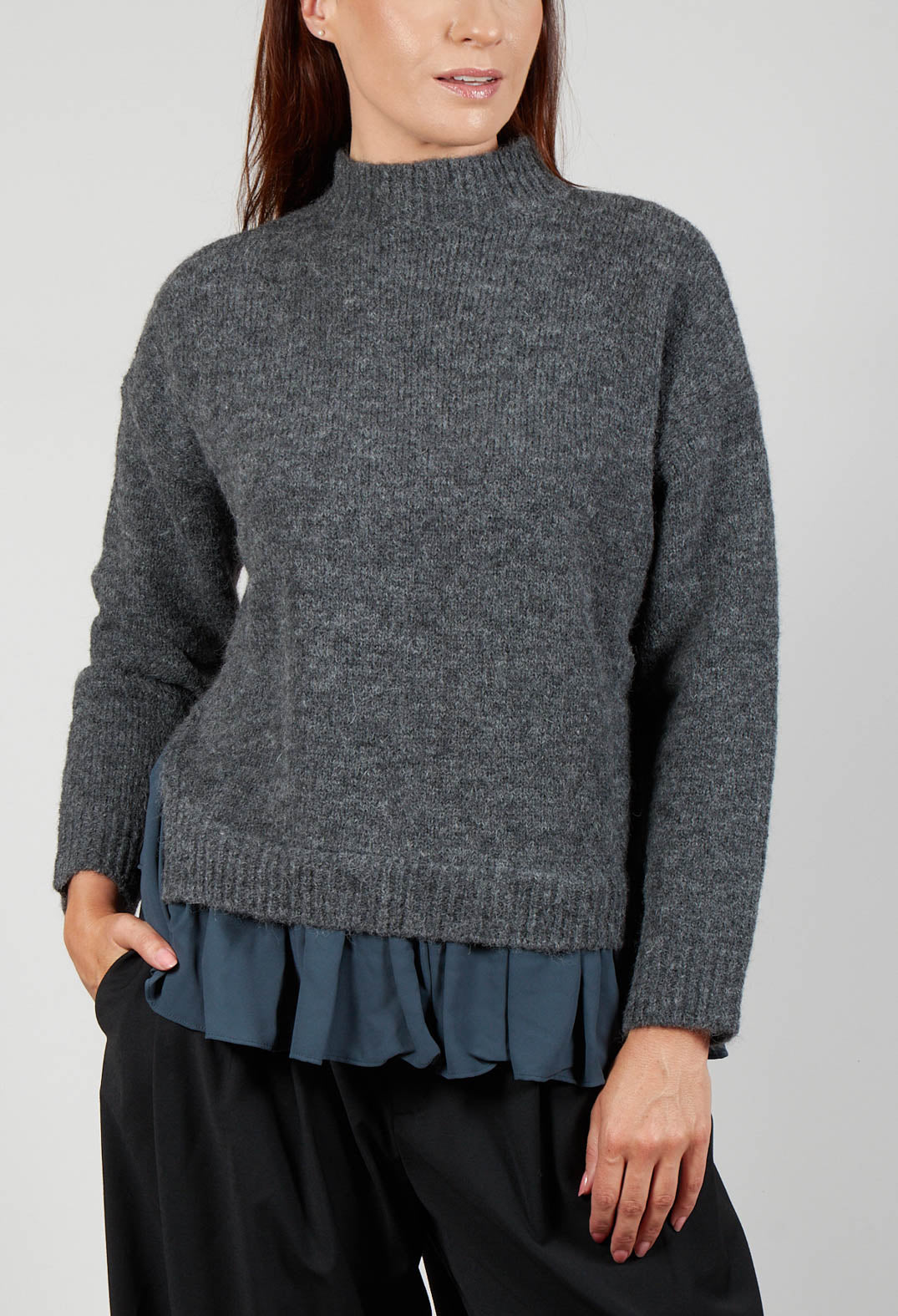 Knitted Jumper with Frill Hem in Grey and Piomb