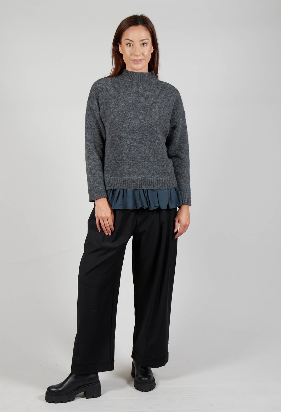 Knitted Jumper with Frill Hem in Grey and Piomb