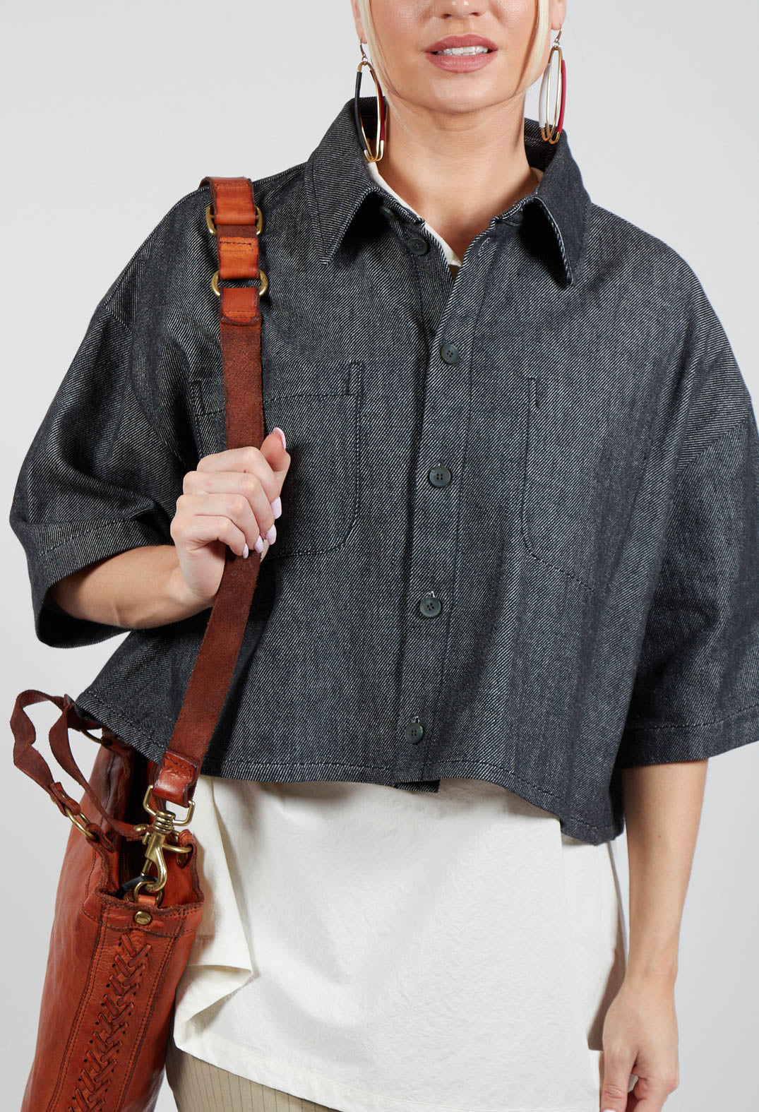 Cropped Denim Shirt in Dark Blue