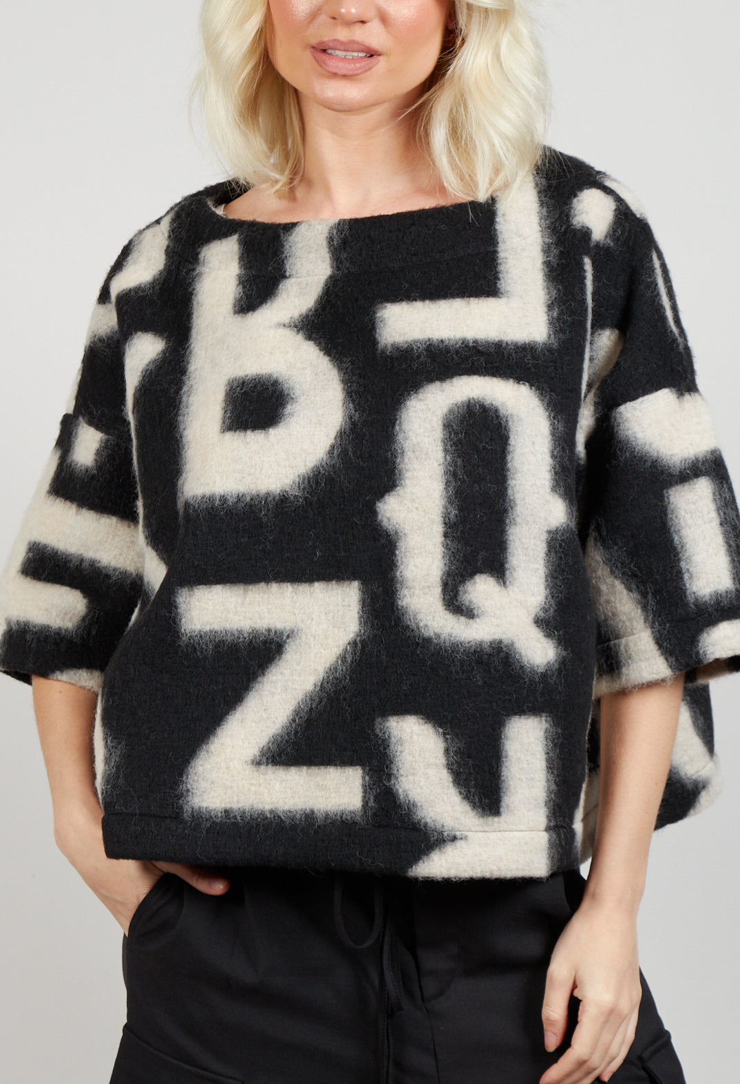 Letter Print Sweater in Black and Cream