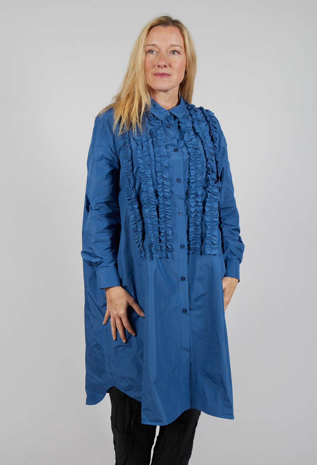 Light Taffeta Long Blouse with Ruffles in Blue