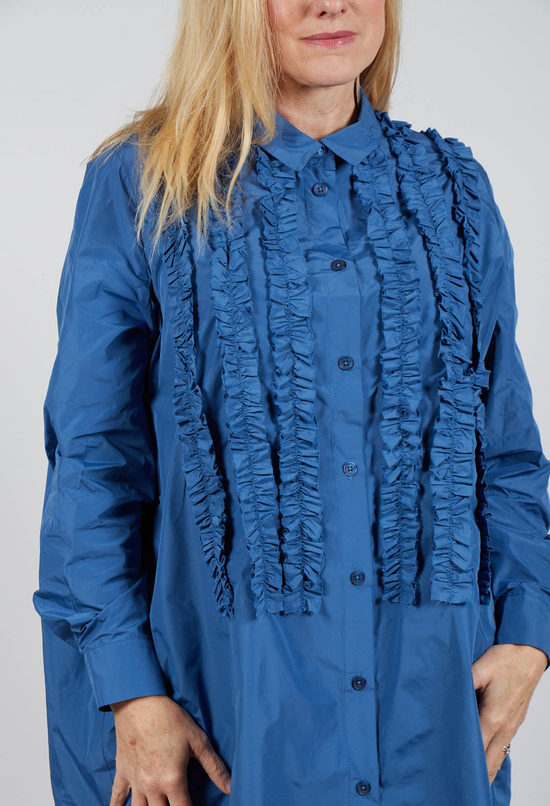 Light Taffeta Long Blouse with Ruffles in Blue