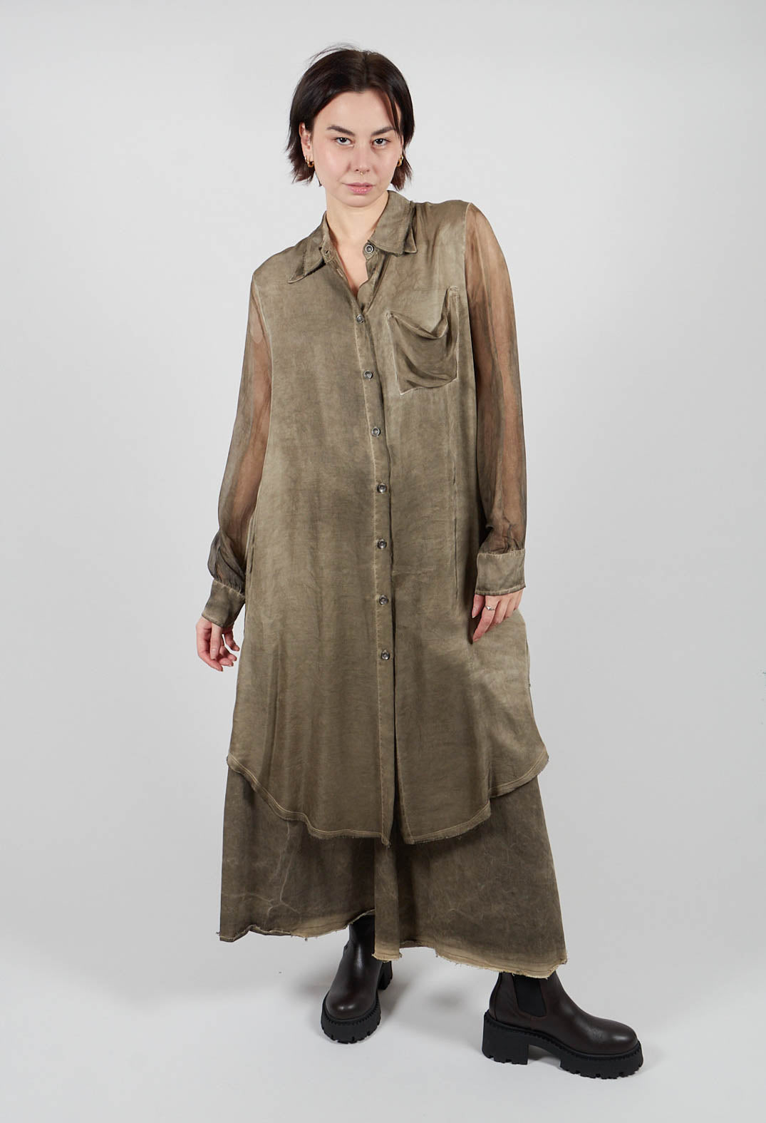 Lightweight Shirt Dress in Raso di Viscosa and Viscosa Seta Green Tuscany