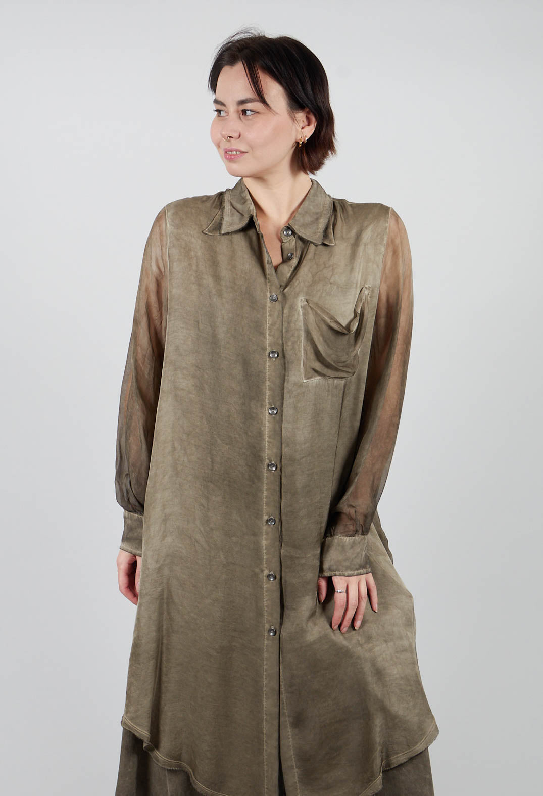 Lightweight Shirt Dress in Raso di Viscosa and Viscosa Seta Green Tuscany