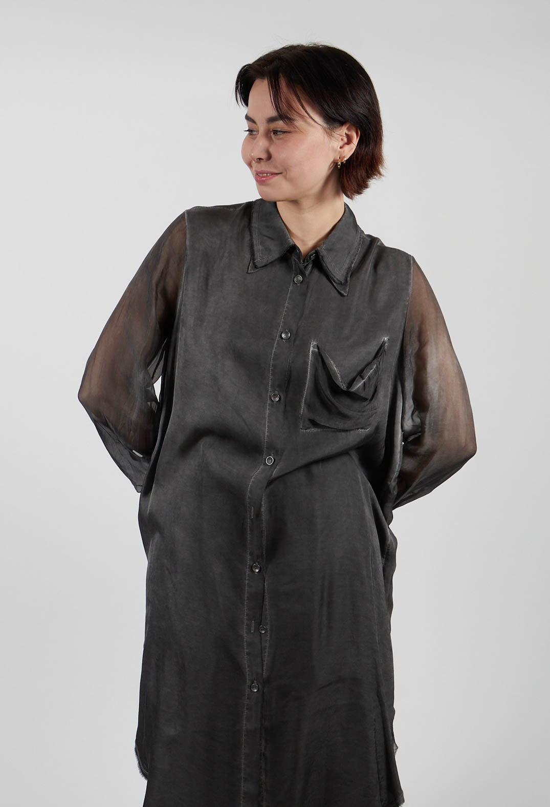 Lightweight Shirt Dress in Raso di Viscosa and Viscosa Seta Grey Storm