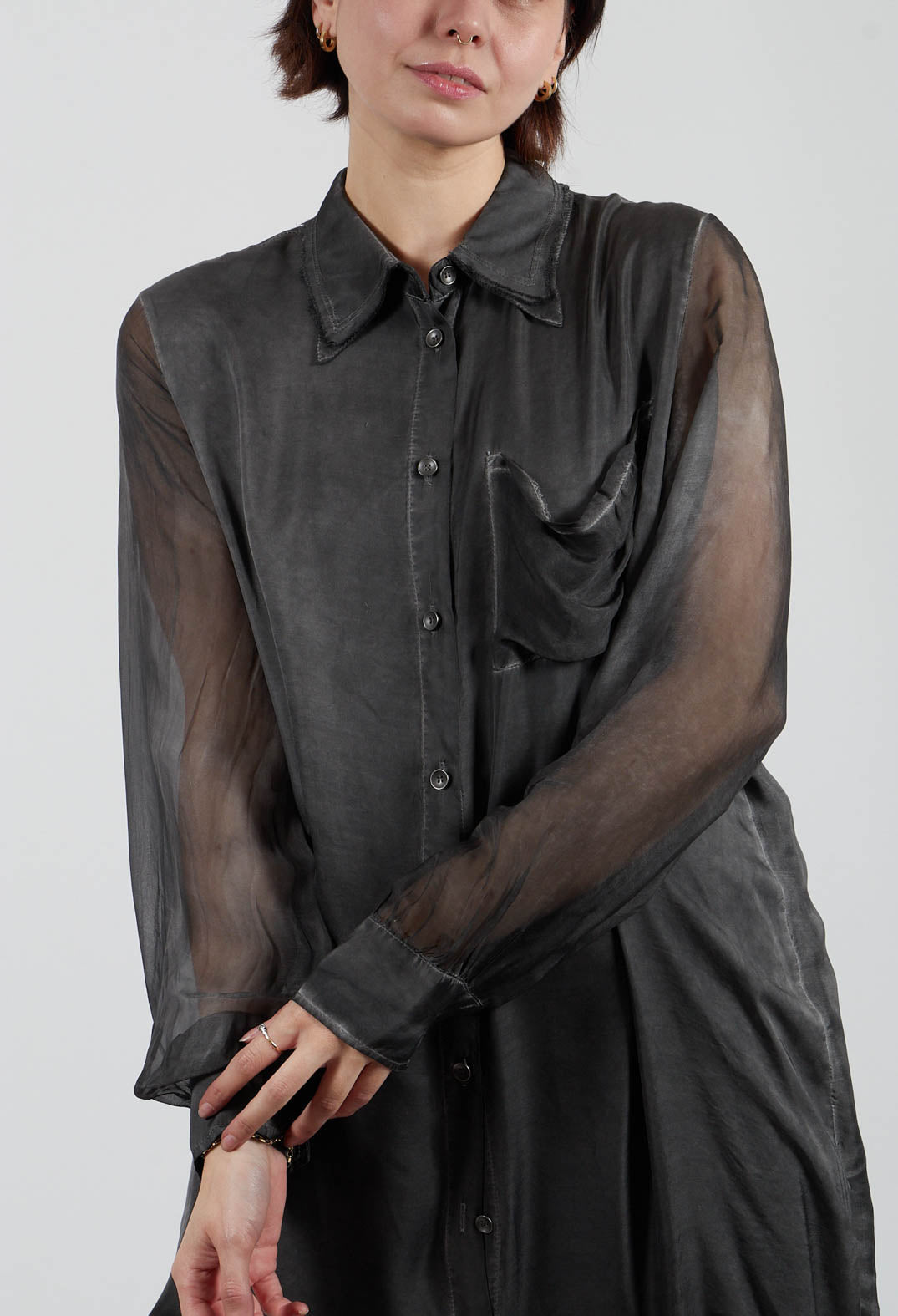 Lightweight Shirt Dress in Raso di Viscosa and Viscosa Seta Grey Storm