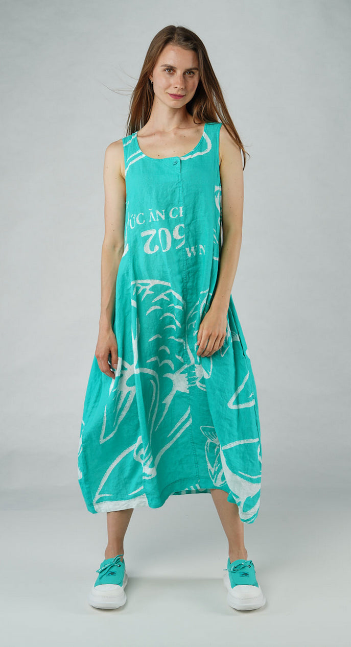 PRE-ORDER - Linen Tulip Hem Dress in Navy Print (Pictured in Aqua Print)