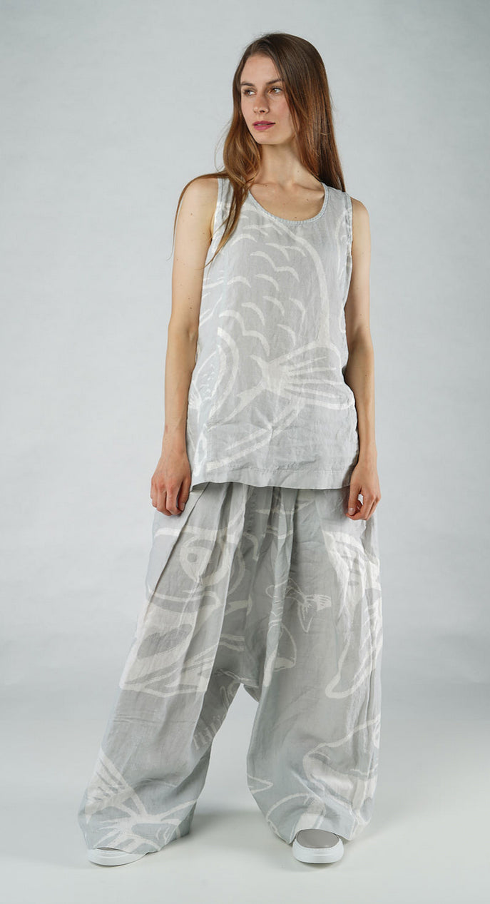 PRE-ORDER - Linen Vest Top in Grey Print