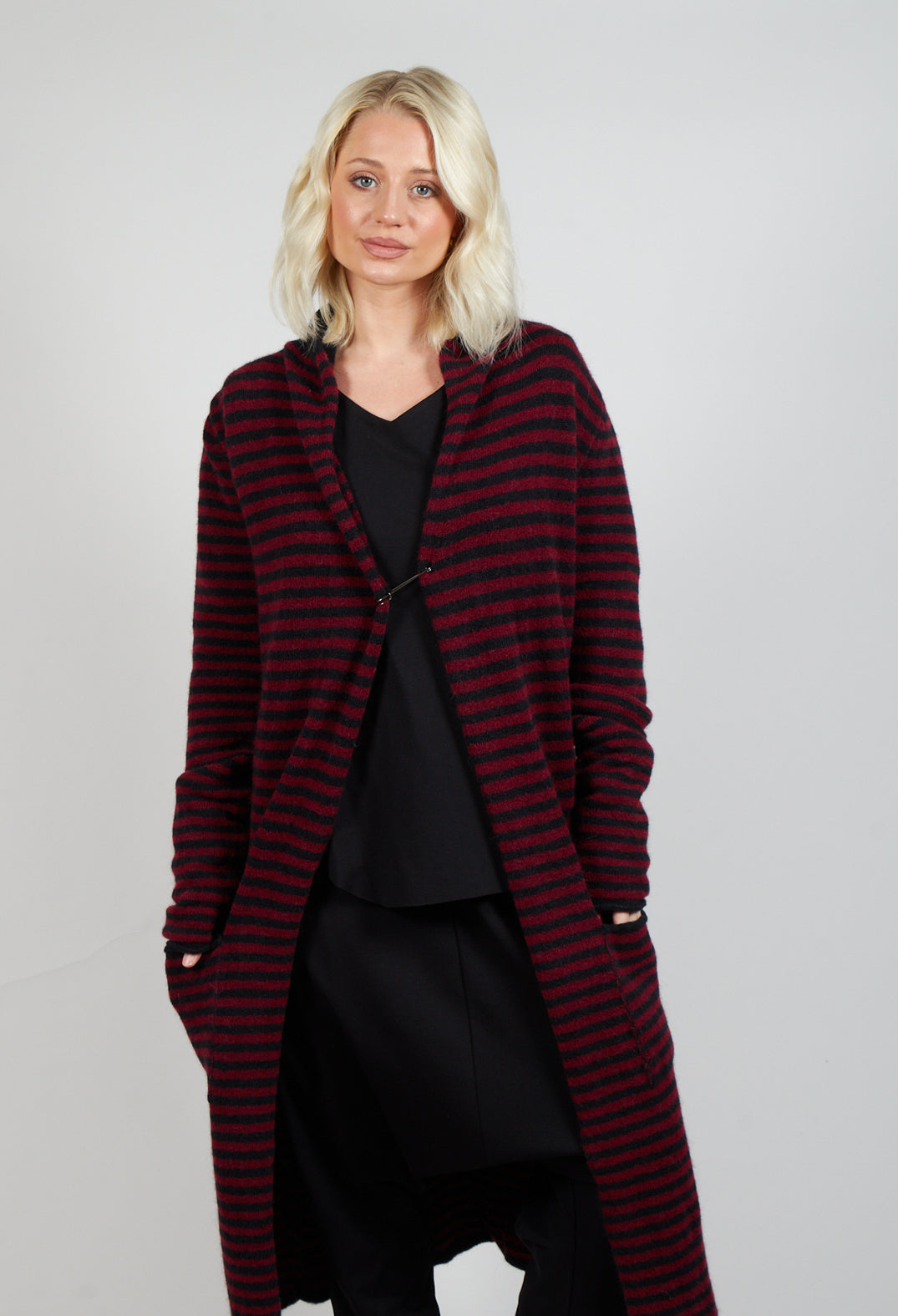 Long Cardigan in Merlot and Black Stripe