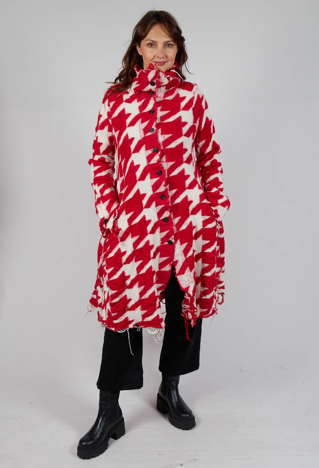 Long Dogstooth Coat in Cardinal Bone Jacquard