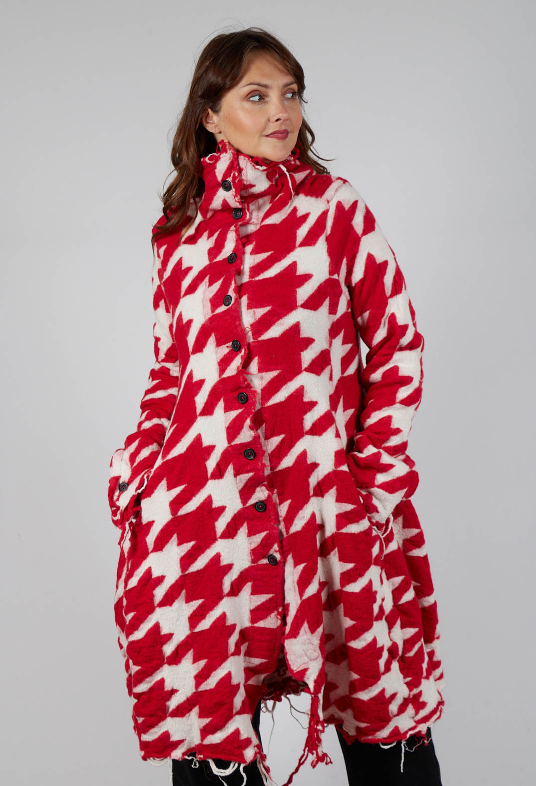 Long Dogstooth Coat in Cardinal Bone Jacquard