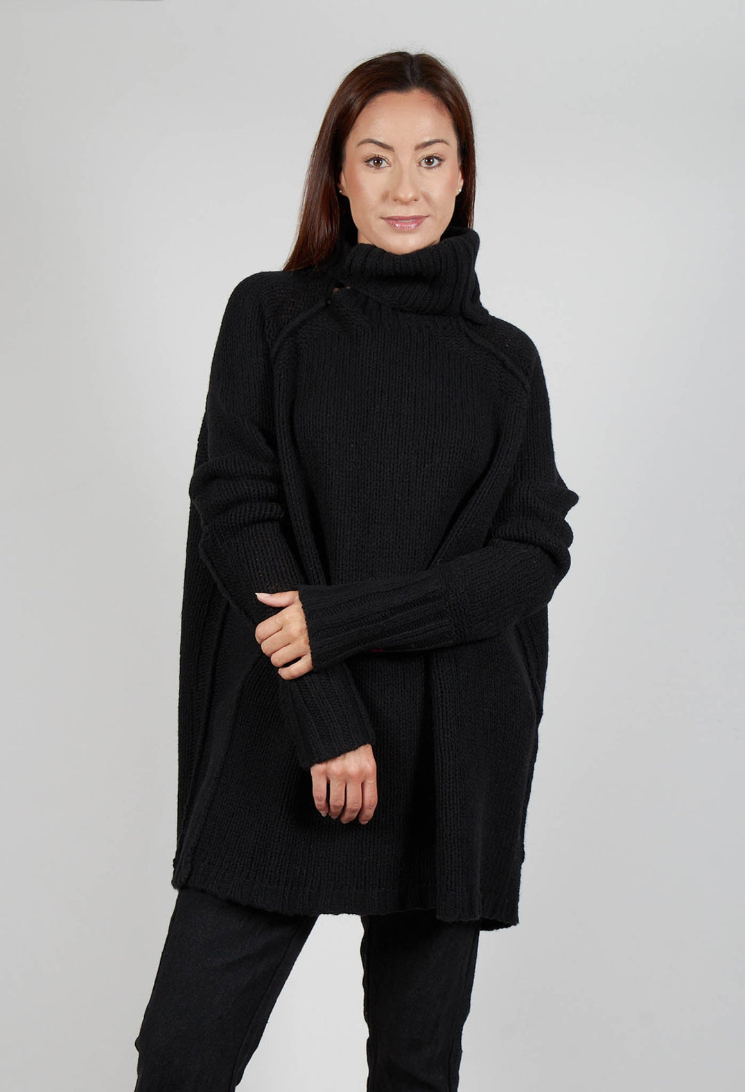 Long Relaxed Roll Neck Jumper in Black