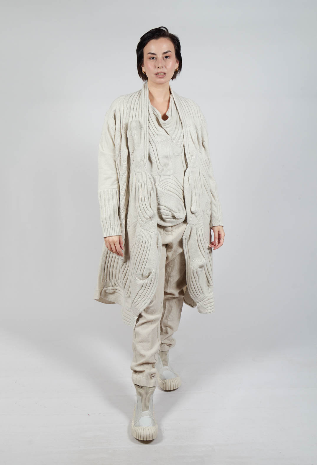 Long Ribbed Cardigan in Bone Mel