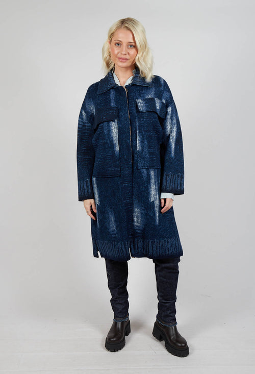 Longline Coat in Blue Denim Effect Print