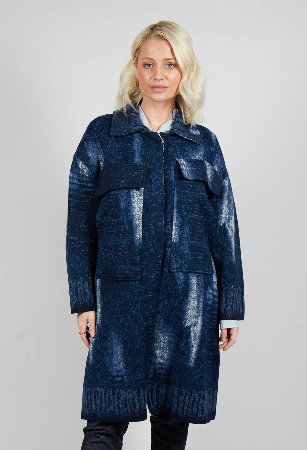 Longline Coat in Blue Denim Effect Print