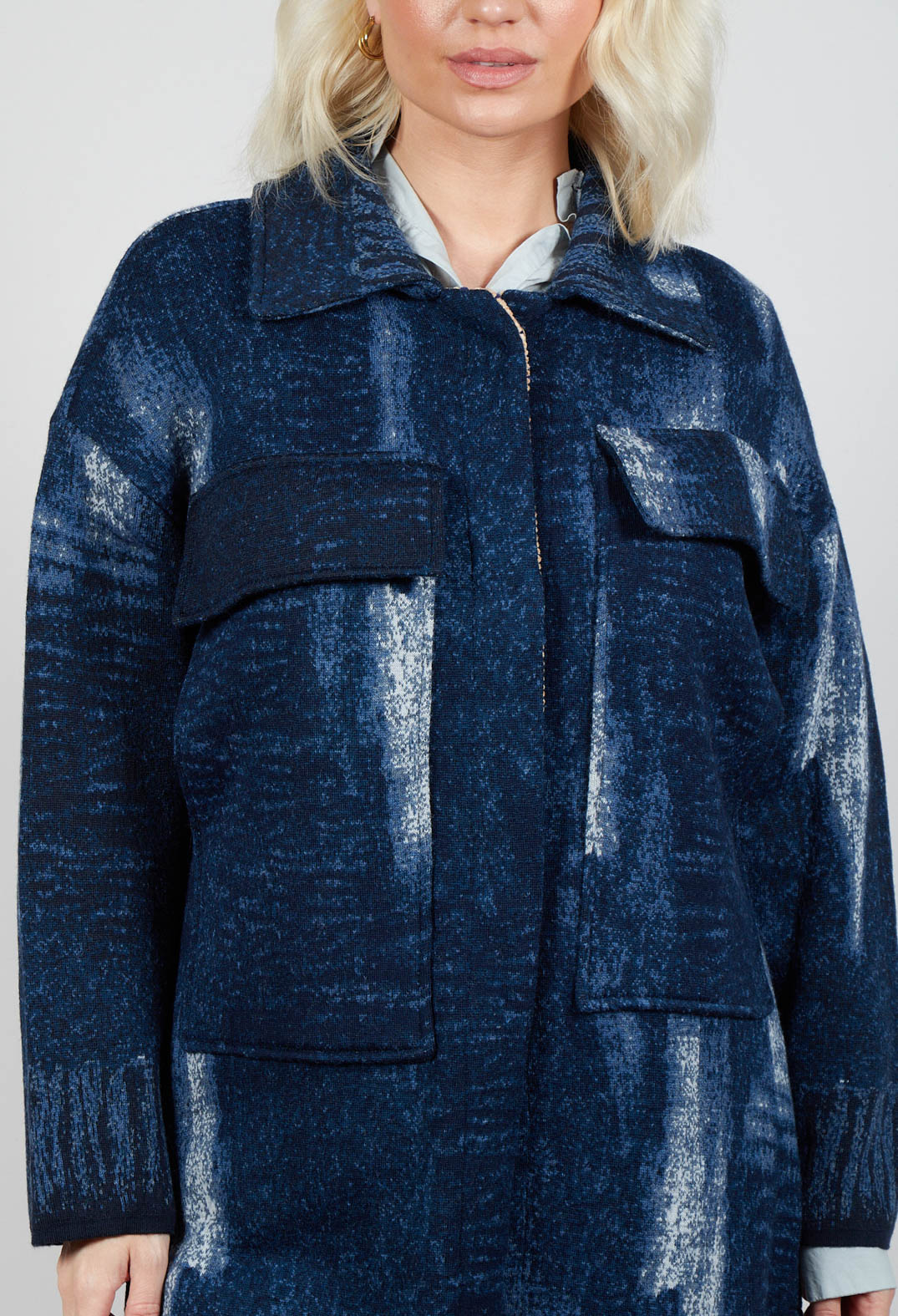 Longline Coat in Blue Denim Effect Print